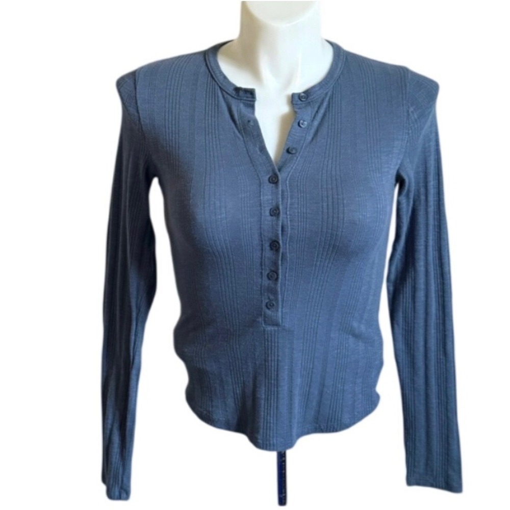 American Eagle Womens Ribbed Henley Long Sleeve Top Blue Size M